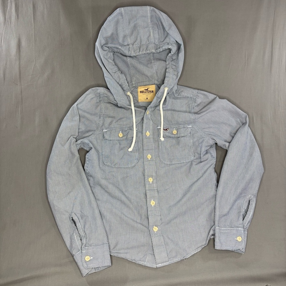 Hollister Hooded Shirt Men’s Medium Striped Long Sleeve Button Front Blue White